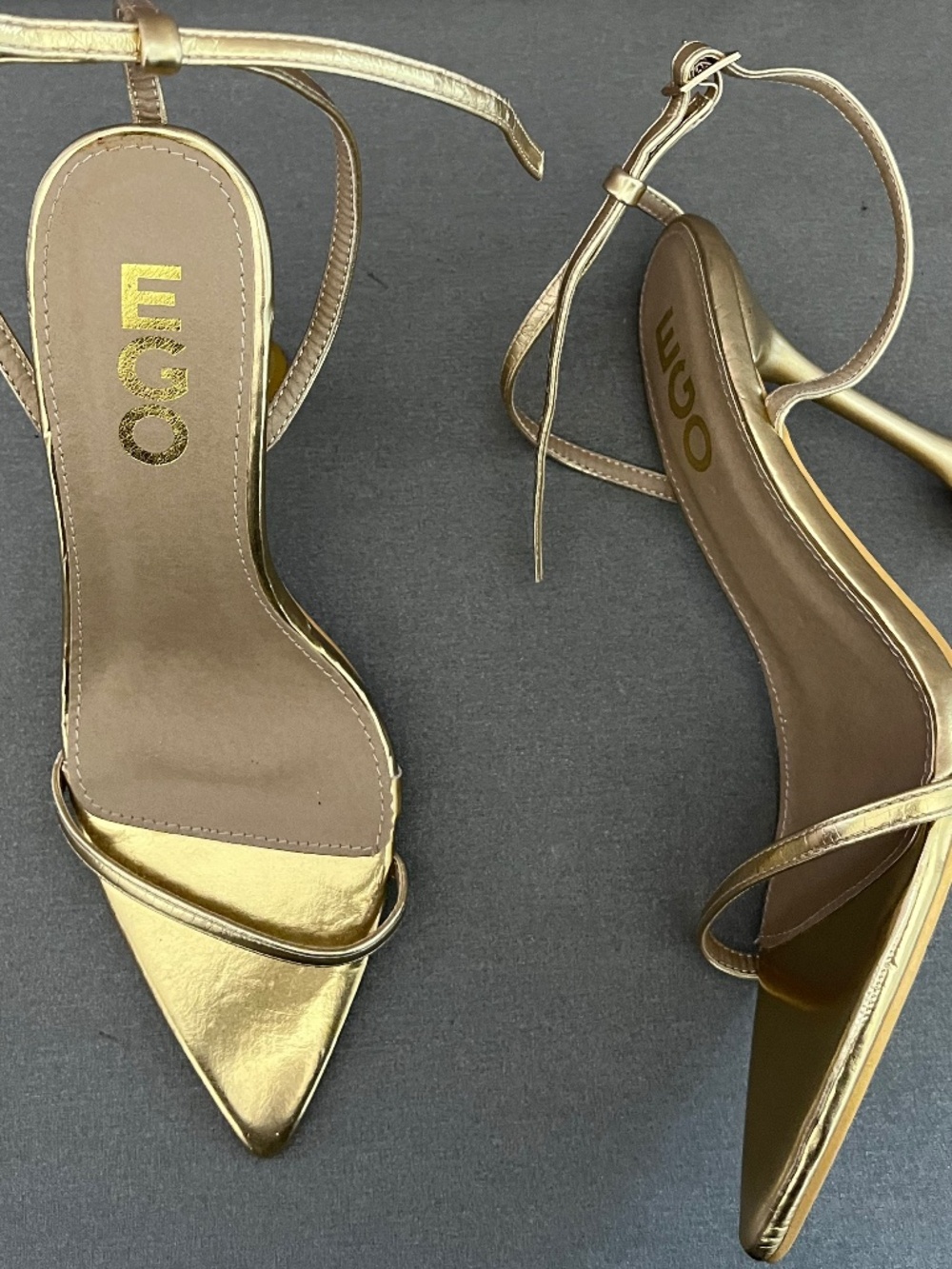 EGO Women's Ankle Strap Pointed Toe Stiletto Heel Gold Tone Size UK 5 US 7.5